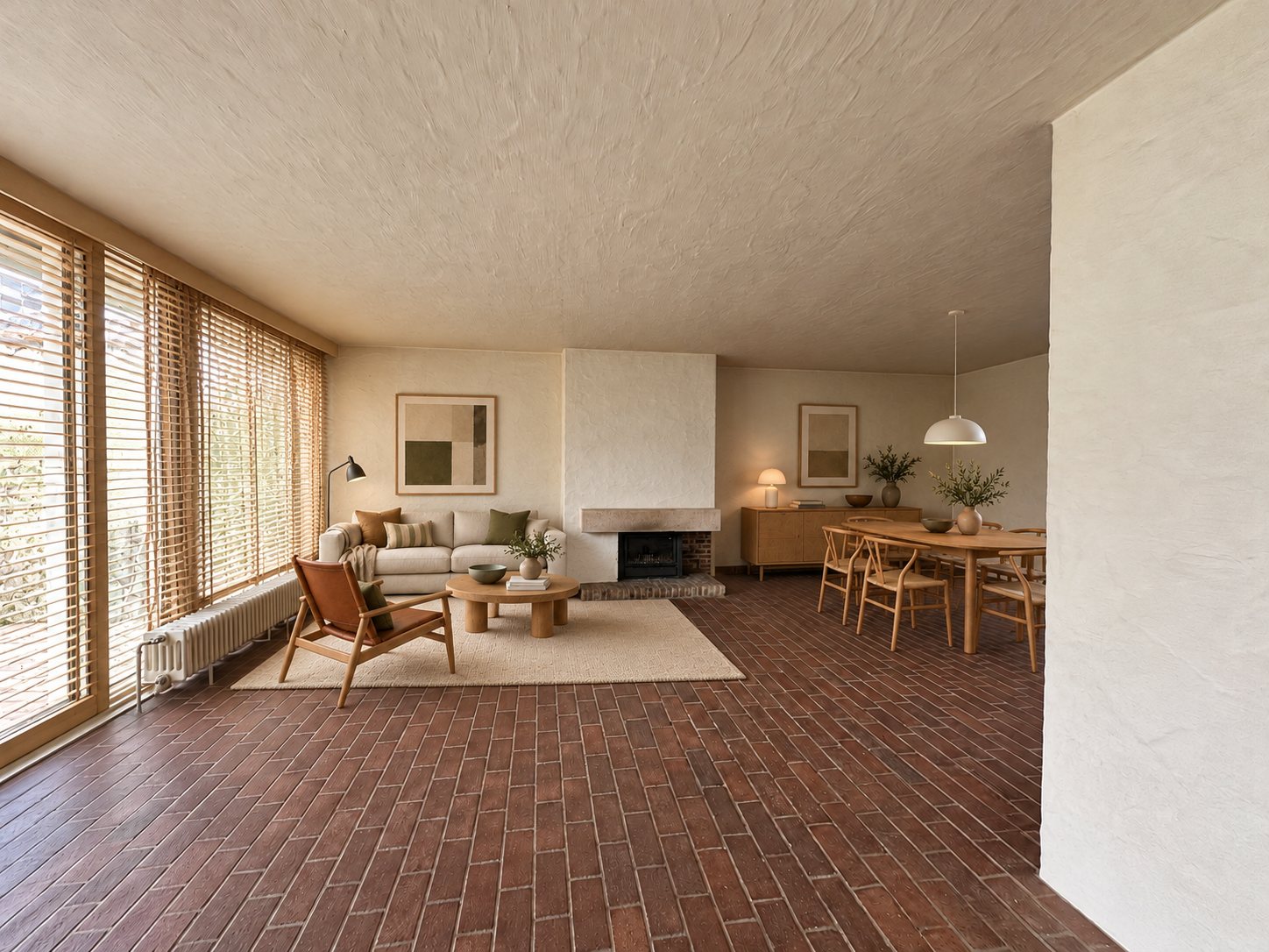 Dezelfde living met zithoek en eettafel