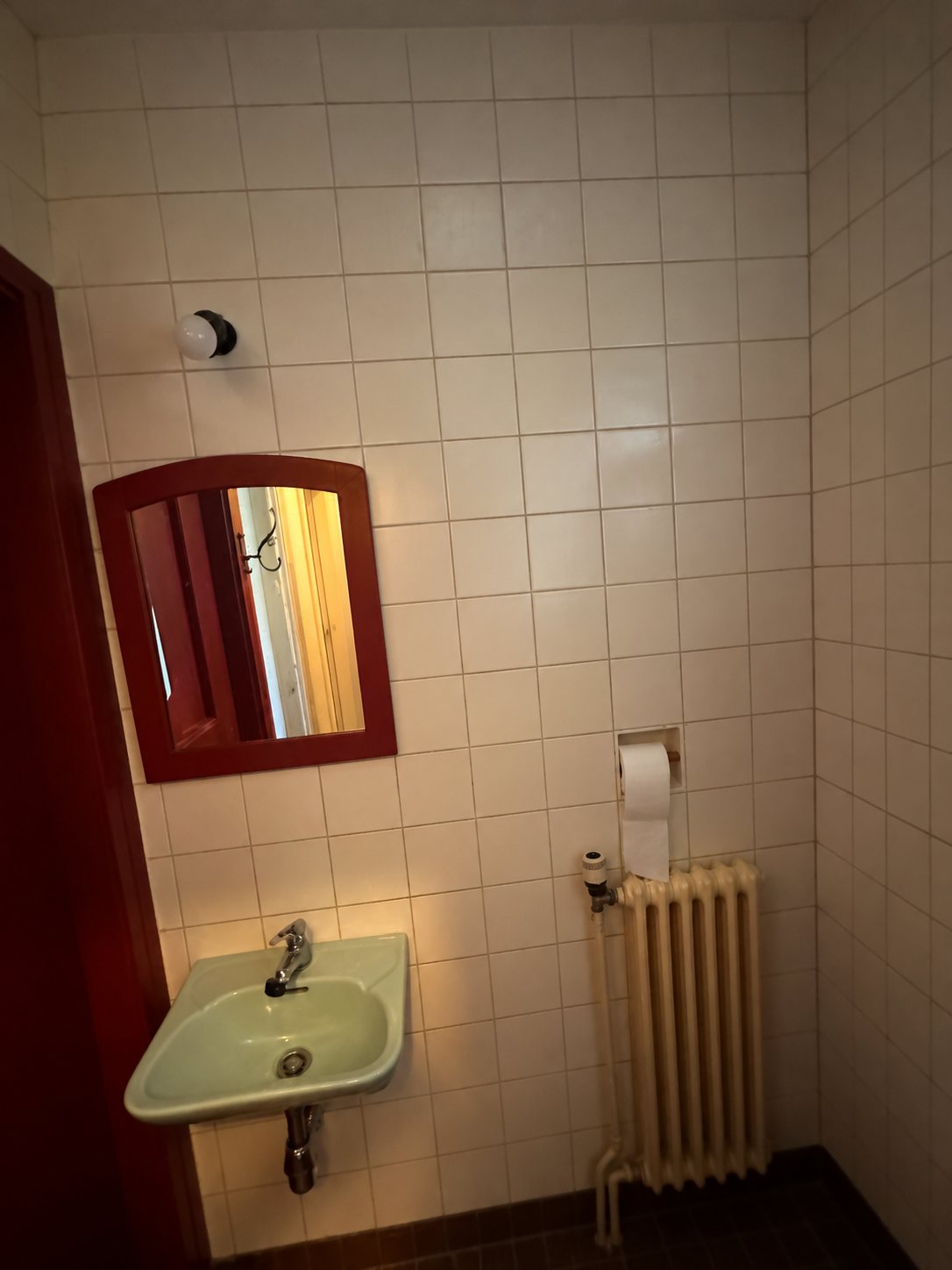Het toilet met wastafel, spiegel en radiator