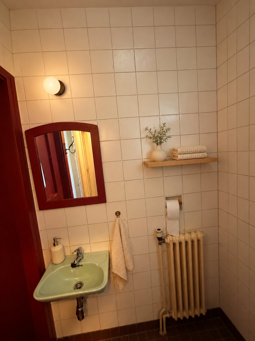 Hetzelfde toilet met schap, plant en handdoeken