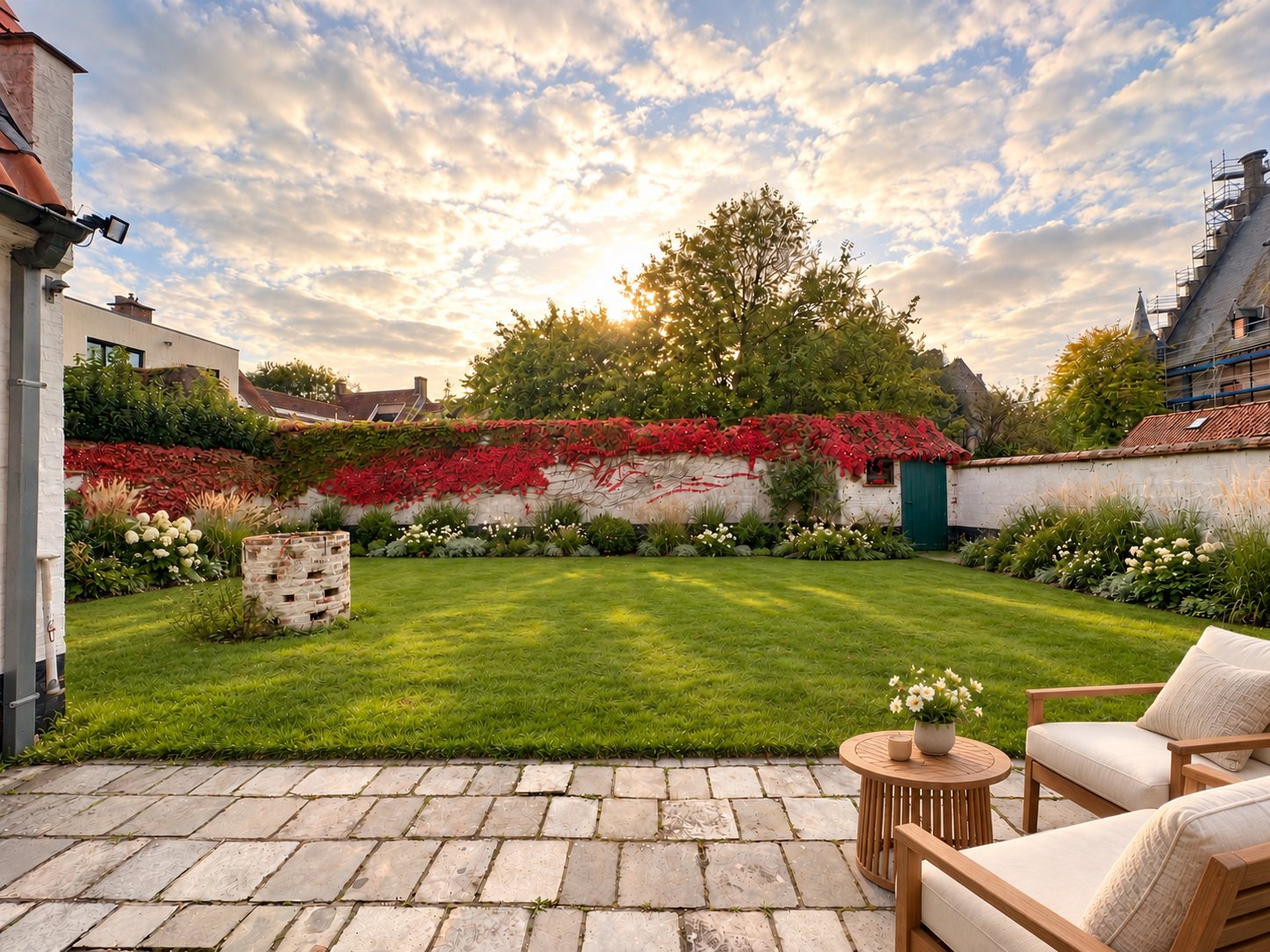 Dezelfde tuin met loungehoek en border