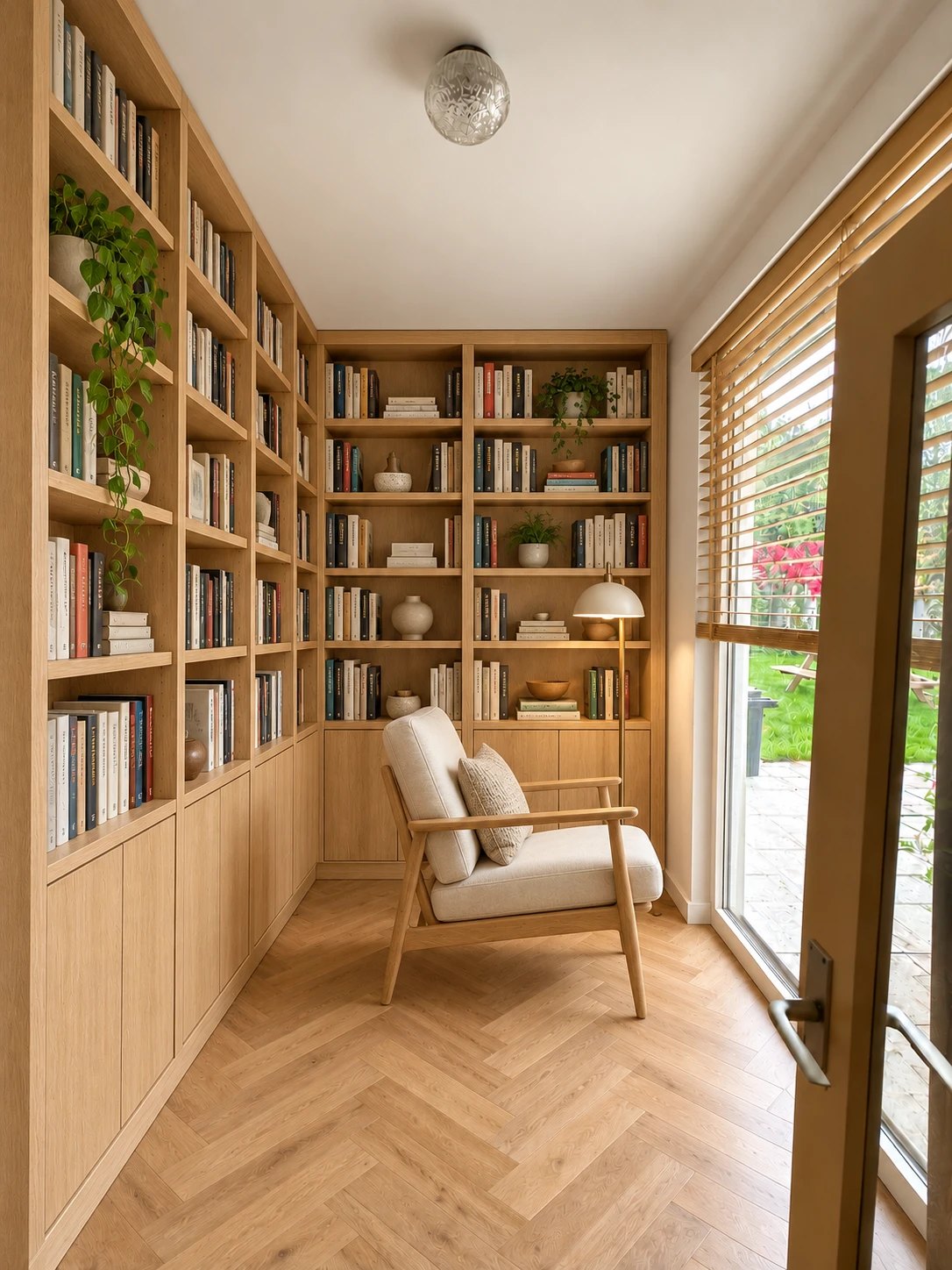 Dezelfde ruimte als bibliotheek met kasten en leesfauteuil