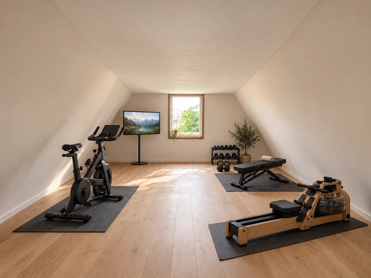Dezelfde zolder ingericht als fitnessruimte